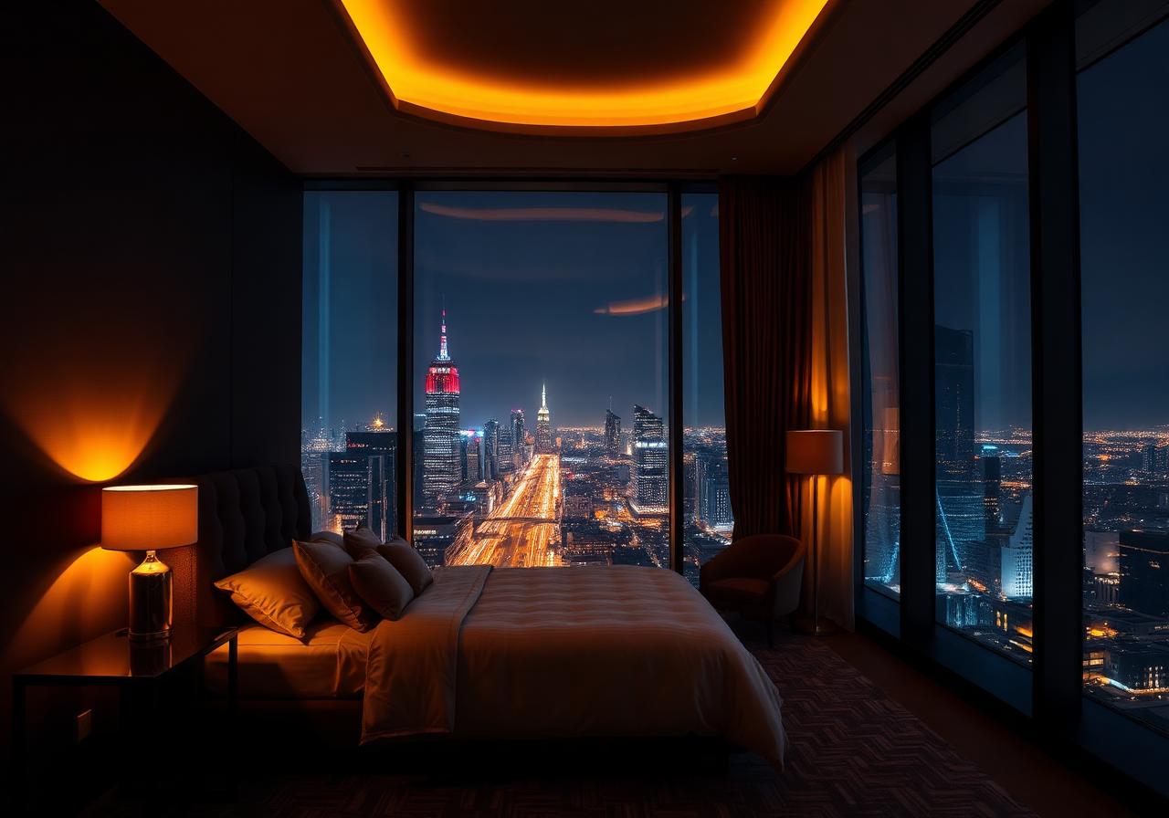 Premium hotel suite at night
